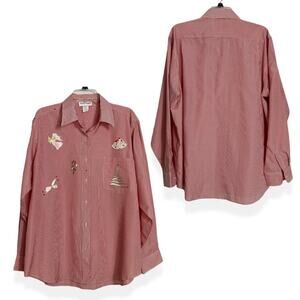 Vintage 90s Christmas Top Women XL Red Stripe Button Shirt Holiday Party Festive